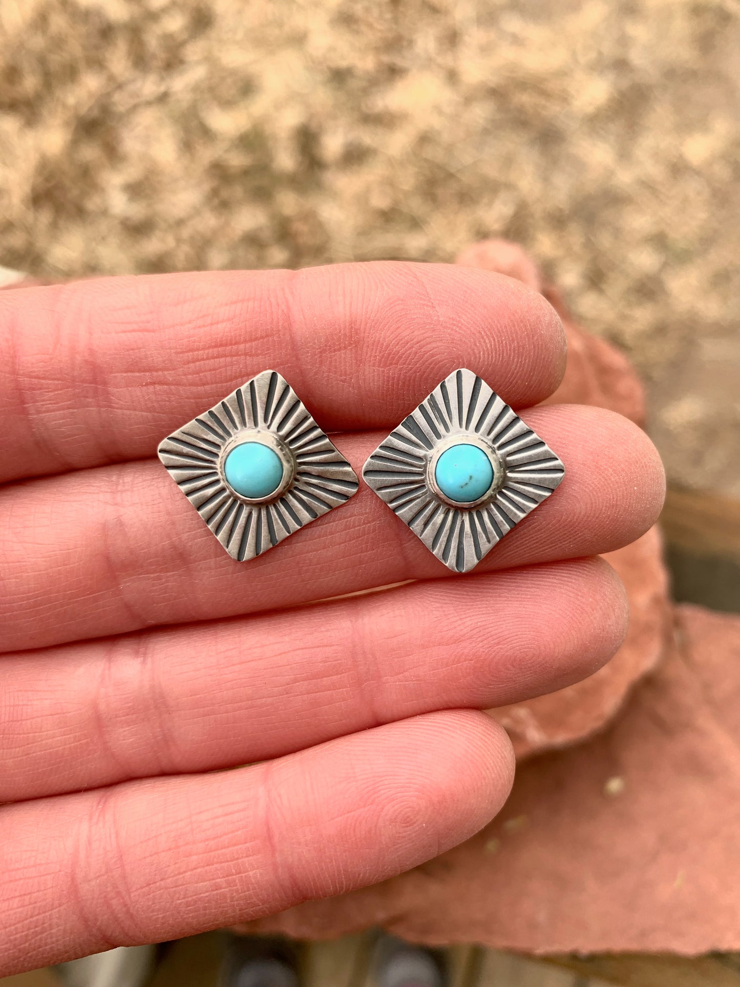 Sun Shapes Studs - Diamonds - Sterling Silver and Kingman Turqouise