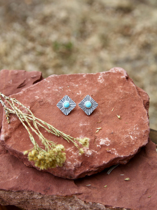Sun Shapes Studs - Diamonds - Sterling Silver and Kingman Turqouise